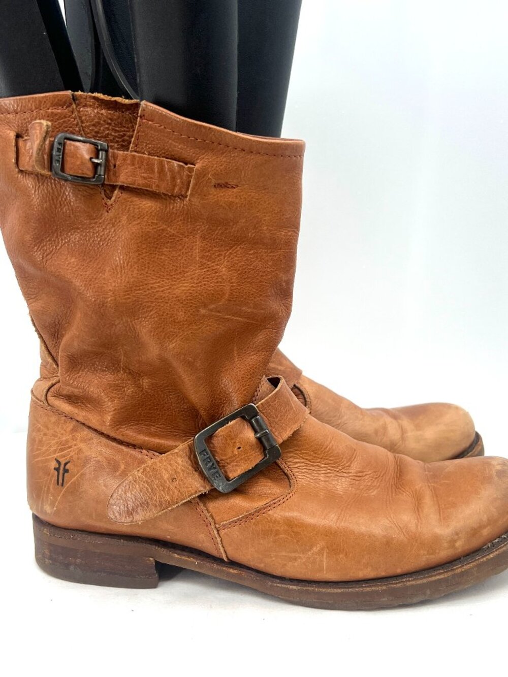 Frye Veronica Cognac Leather Buckle Moto Slouch Boots Women's 9